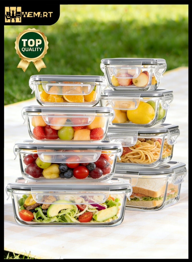 WEMART 8 Pack Glass Food Storage Containers with Airtight Lids, Leak-proof Glass Meal Prep Containers, BPA Free Borosilicate Glass Bento Boxes for Microwave, Oven, Freezer and Dishwasher Safe, Grey - Image 1
